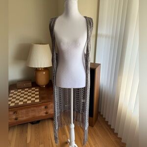 Sun & Shadow Crochet Long Fringe Vest Gray Taupe Boho Duster S
